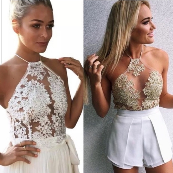 Tops - Floral Lace Mesh Crop Halter Top  Small